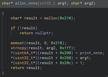 Note allocation and print function pointer